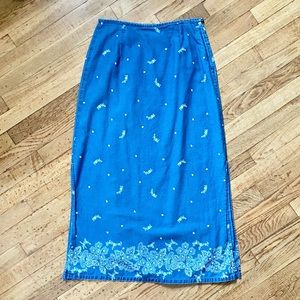 Liz Claiborne | Blue Cotton White Floral Print Side Zipper Midi Skirt Side Slits